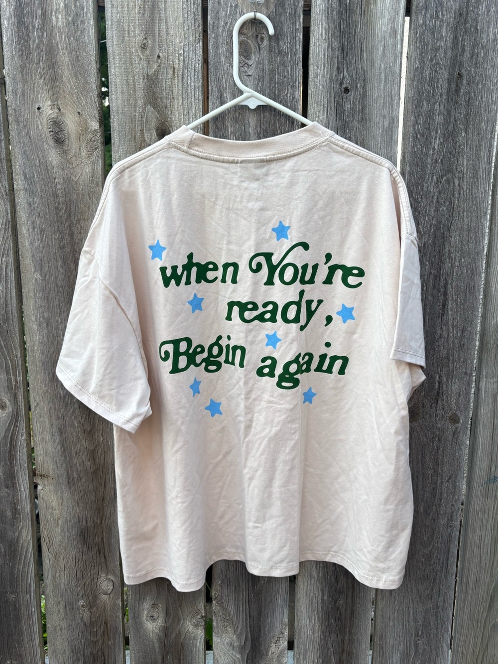LONELY GHOST Cream Tee with Green Script and Light Blue Stars
